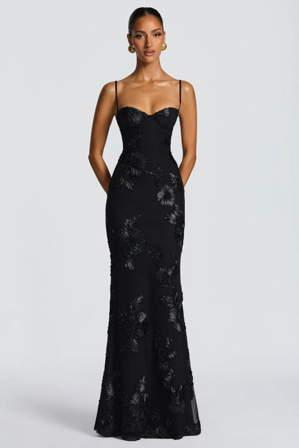 Noir 3D Floral Fishtail Gown