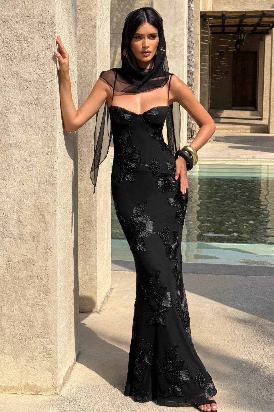 Noir 3D Floral Fishtail Gown