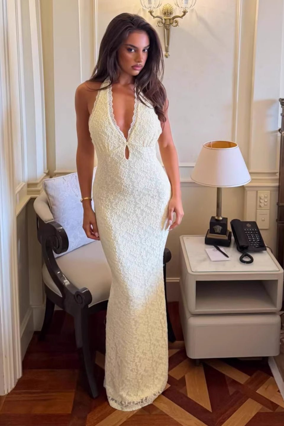 Cream Lace Halter Maxi Dress