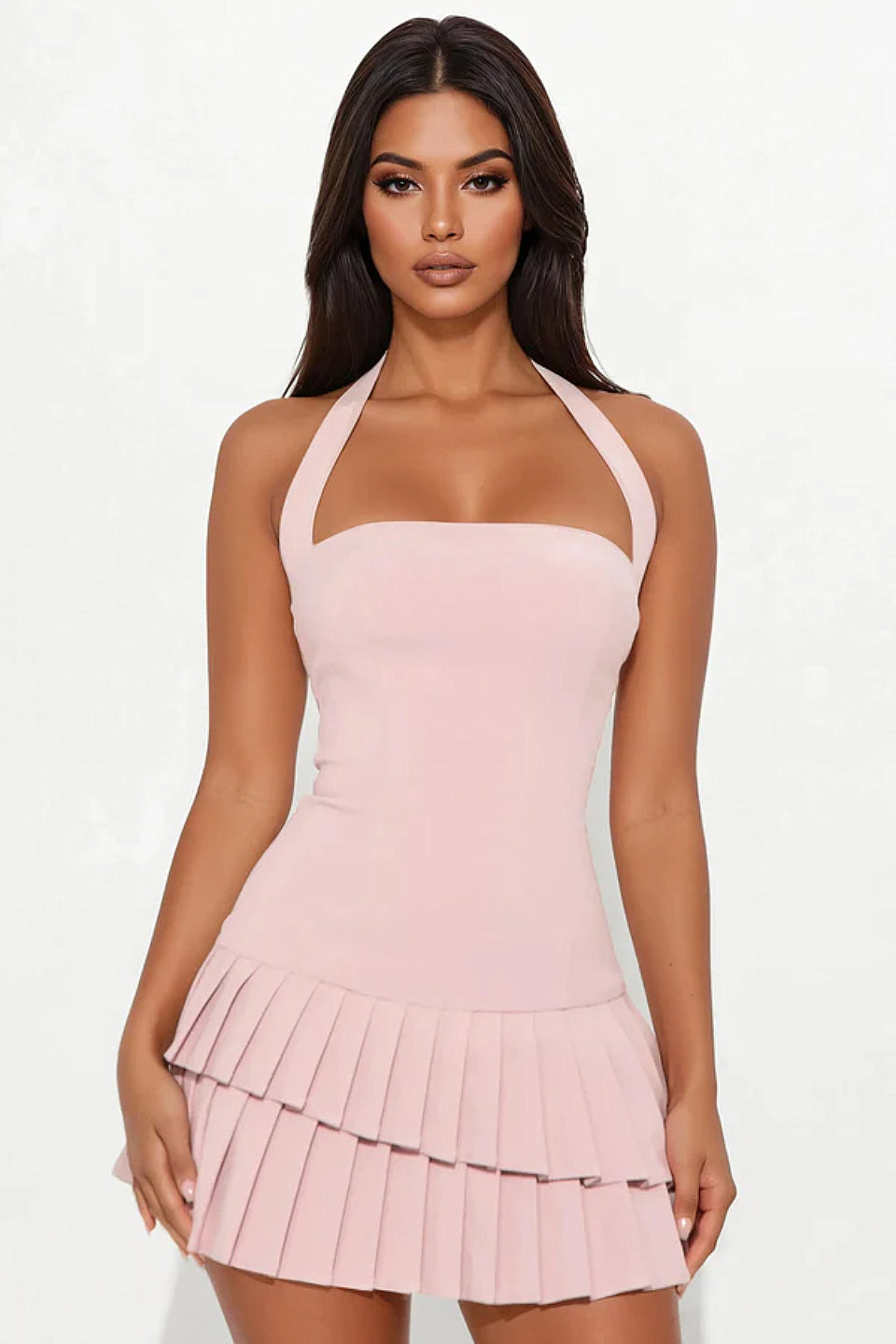 Blush Pleated Halter Mini Dress