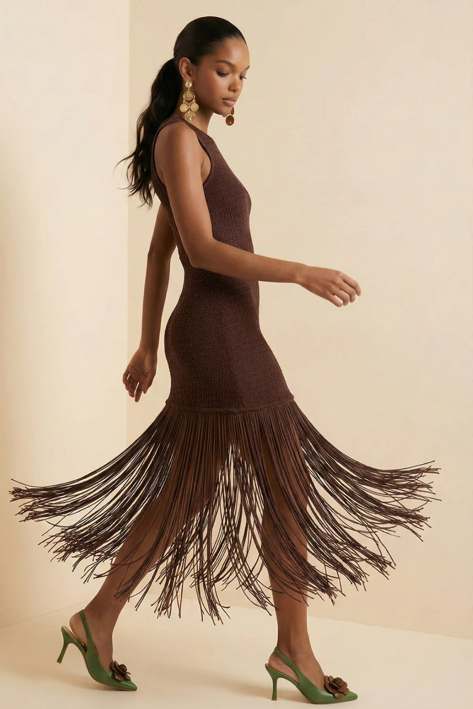 Brown Fringe Midi Dress