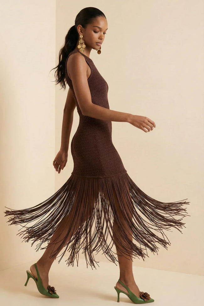 Brown Fringe Midi Dress Hover Image