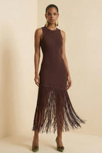Brown Fringe Midi Dress
