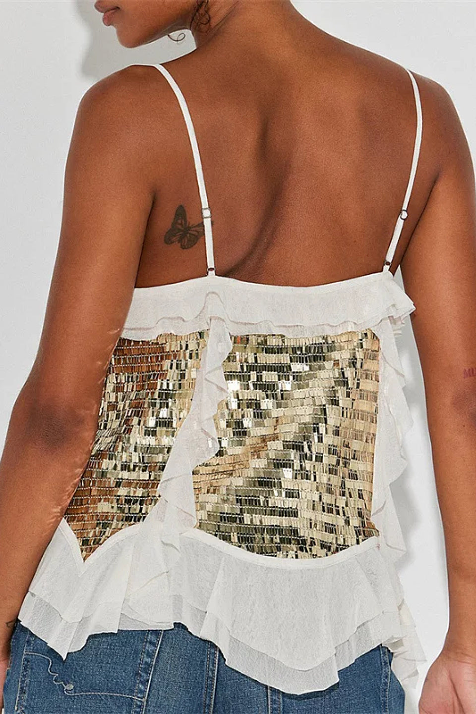 White Sequin Ruffle Cami Top
