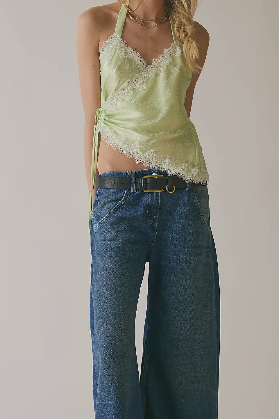 Green Satin Lace Halter Top