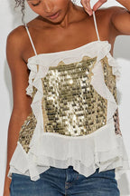 White Sequin Ruffle Cami Top