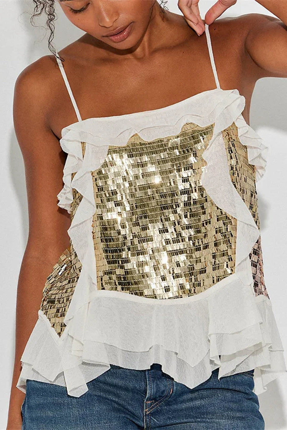 White Sequin Ruffle Cami Top