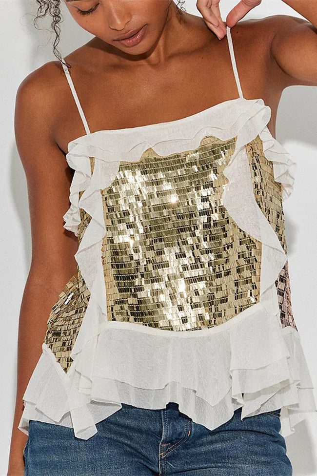 White Sequin Ruffle Cami Top Hover Image