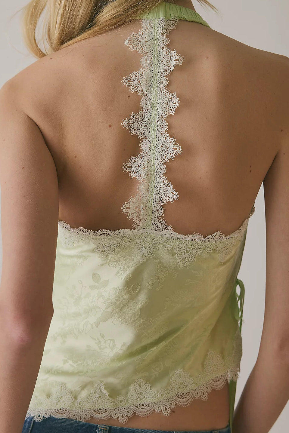 Green Satin Lace Halter Top