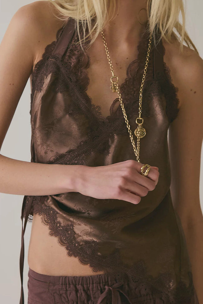 Cocoa Satin Lace Halter Top Hover Image