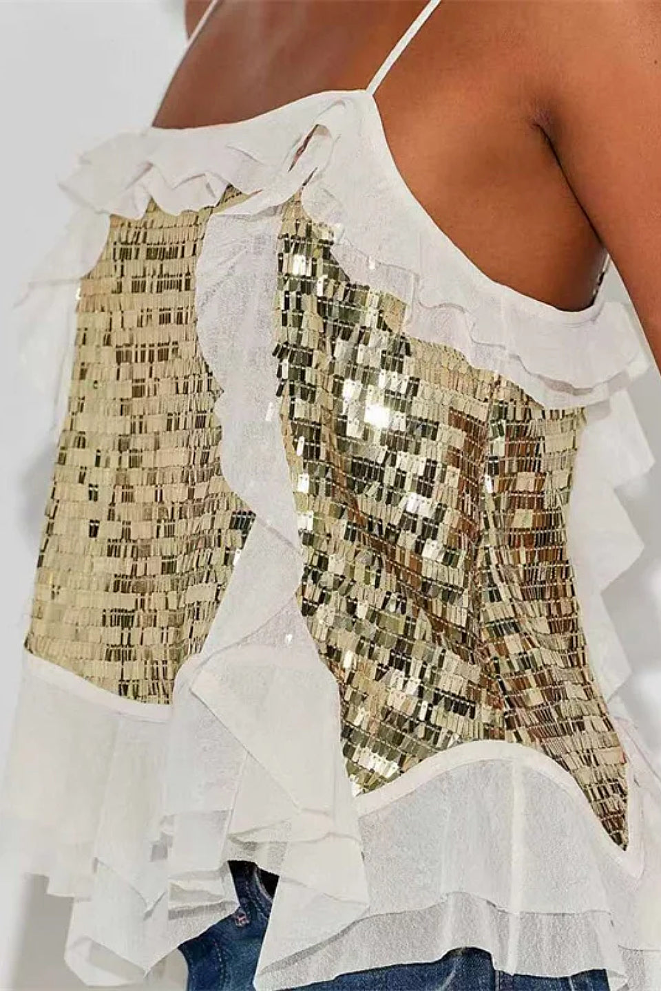 White Sequin Ruffle Cami Top