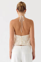 Cream Sequin Halter Top