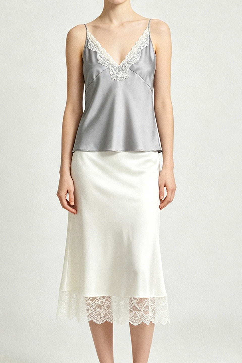 Silver Satin Lace Cami Top