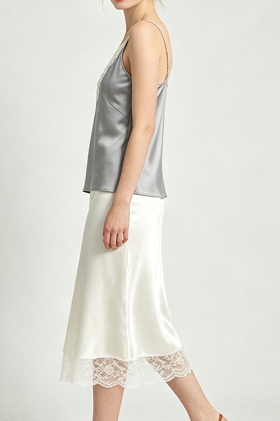 Silver Satin Lace Cami Top