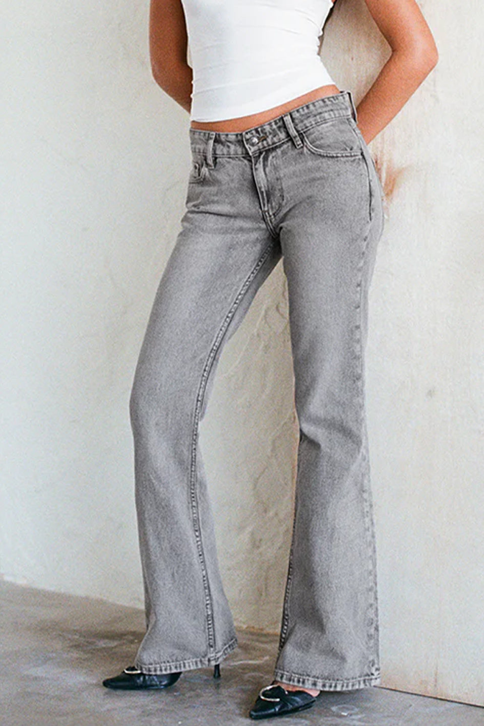 Grey Acid Wash Flare Jeans
