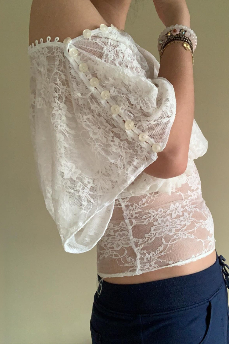 Sheer Lace One Shoulder Top