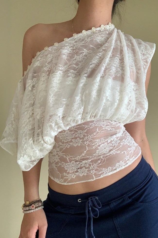 Sheer Lace One Shoulder Top Hover Image