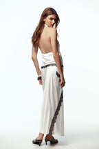 Lace Trim Satin Cowl Halter Top