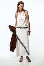 Lace Trim Satin Cowl Halter Top