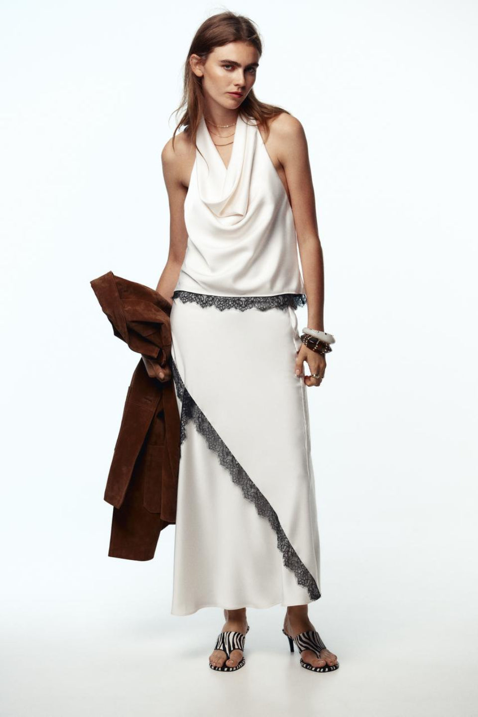 Lace Trim Satin Cowl Halter Top