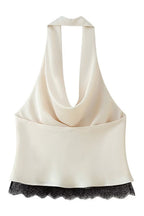 Lace Trim Satin Cowl Halter Top