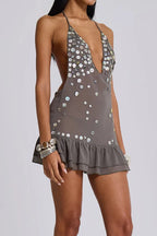 Sequin Ruffle Halter Mini Dress