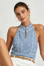 Azure Bloom Halter Top