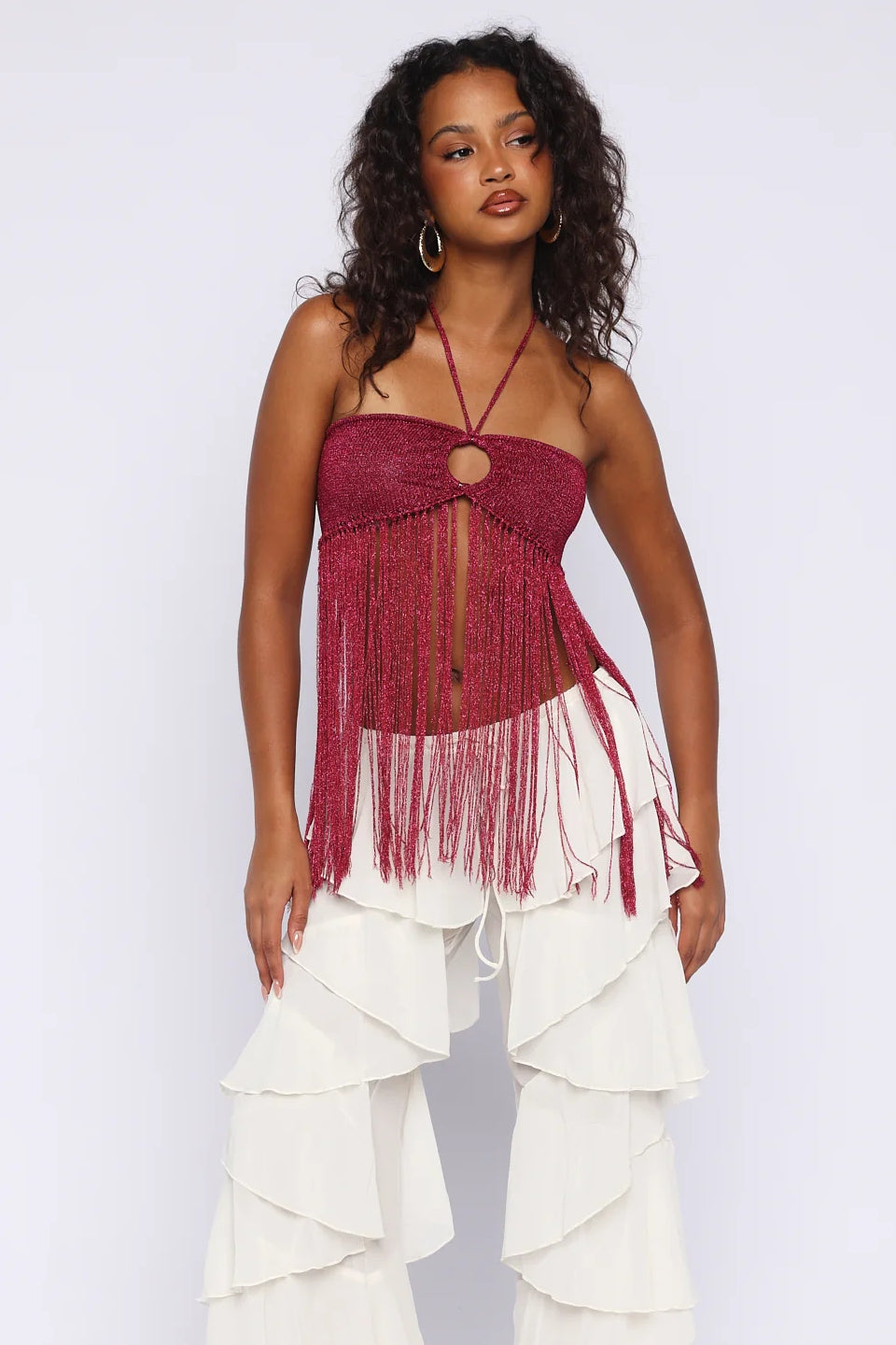 Bordeaux Fringe Halter Top