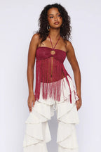 Bordeaux Fringe Halter Top