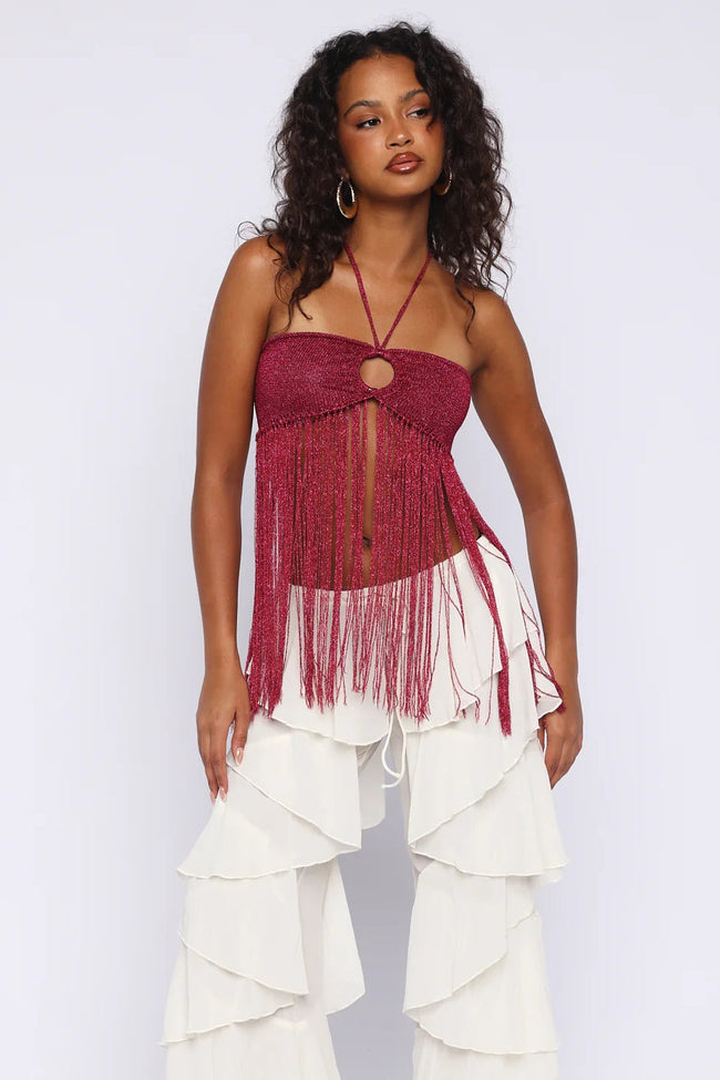 Bordeaux Fringe Halter Top Hover Image