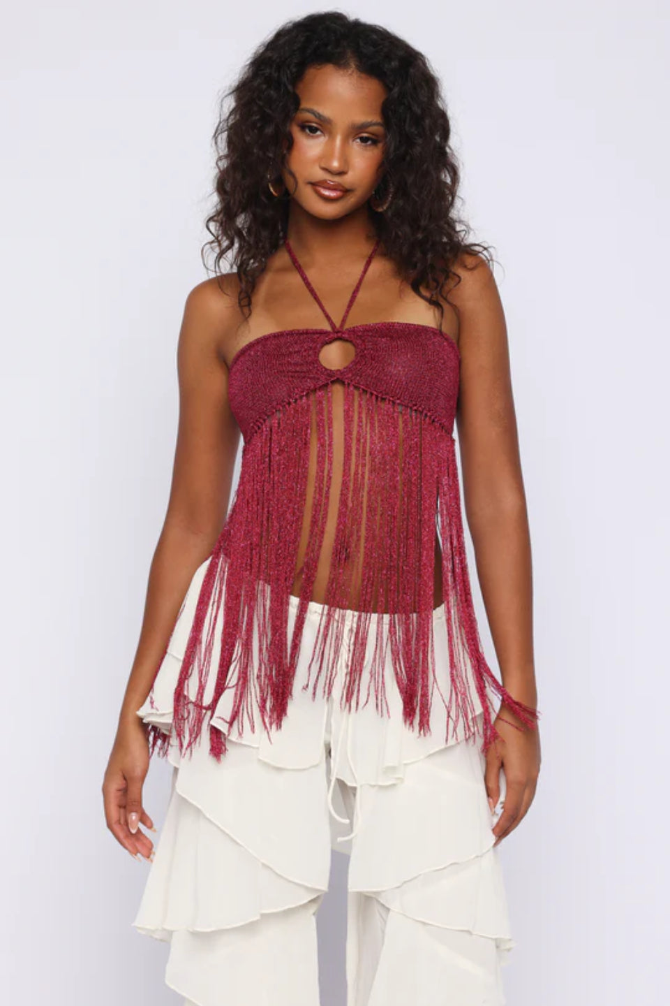 Bordeaux Fringe Halter Top