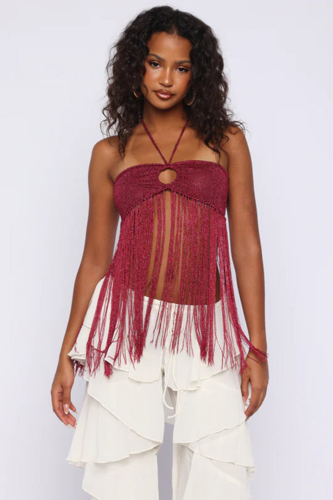 Bordeaux Fringe Halter Top Main Image