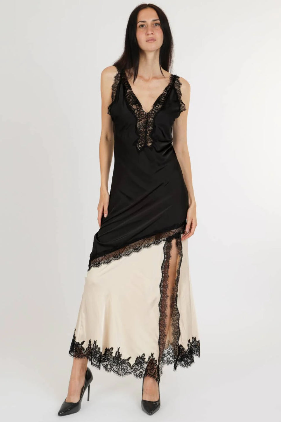 Noir Lace Satin Maxi Dress
