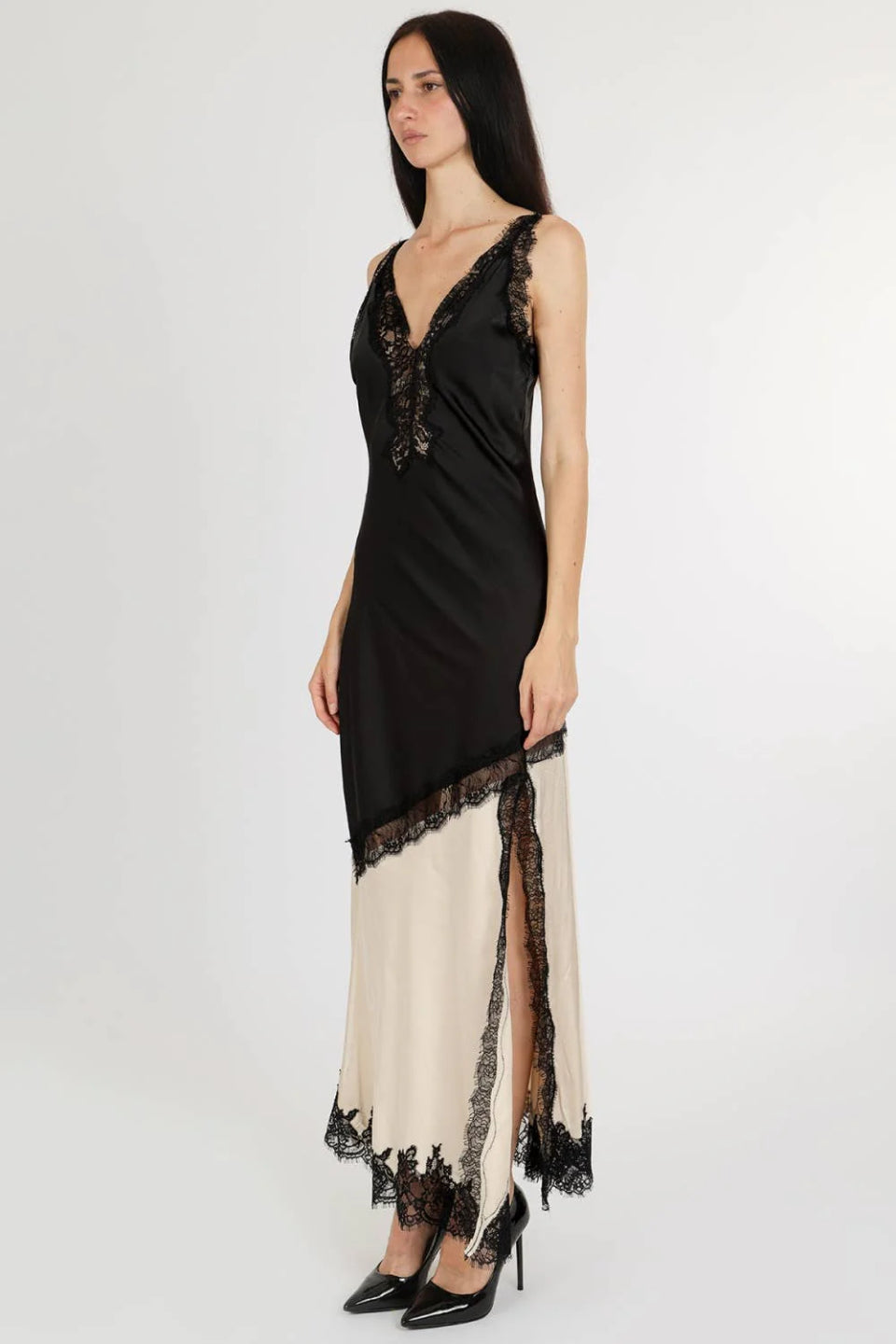 Noir Lace Satin Maxi Dress