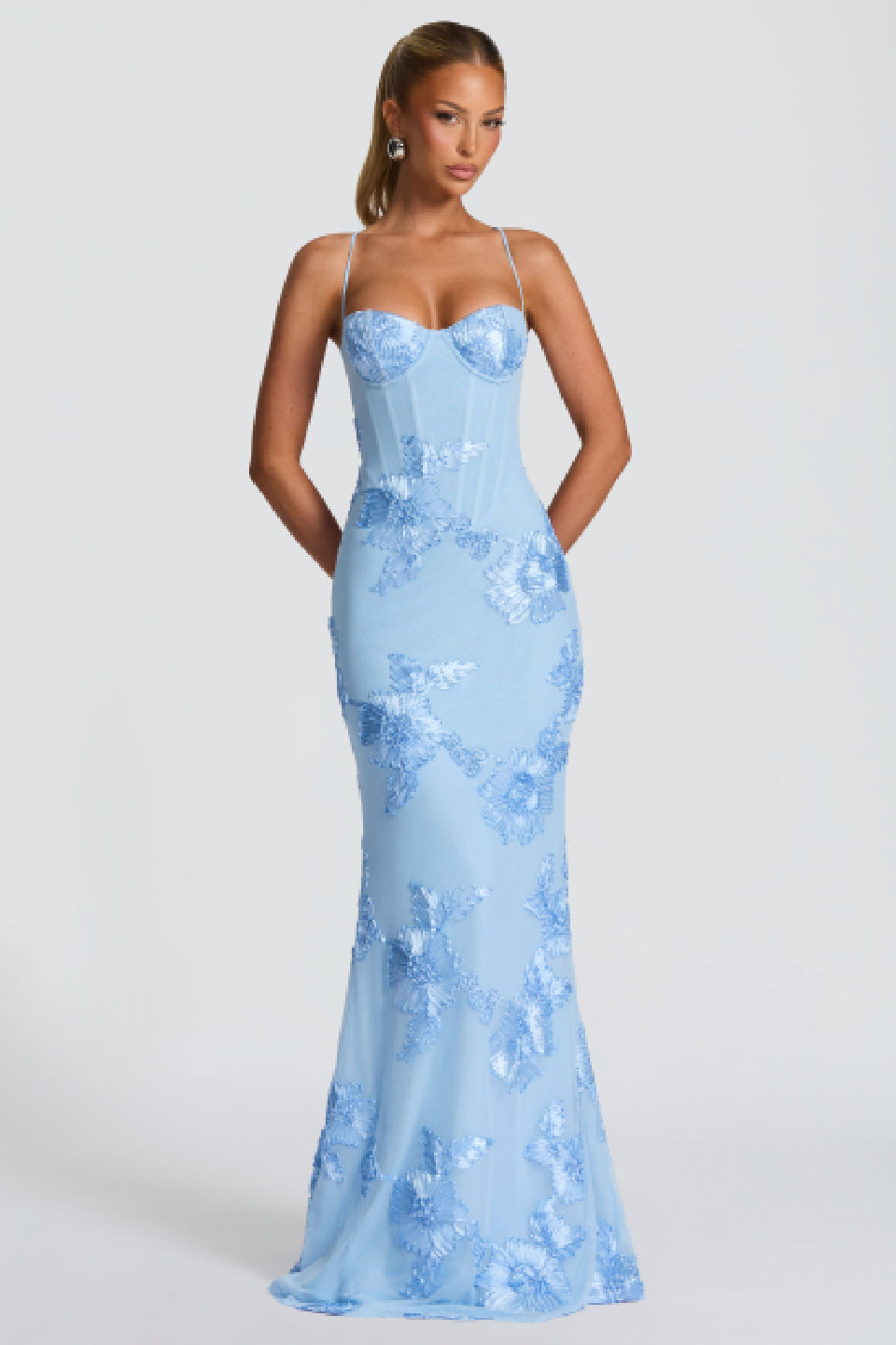 Blue 3D Floral Fishtail Gown