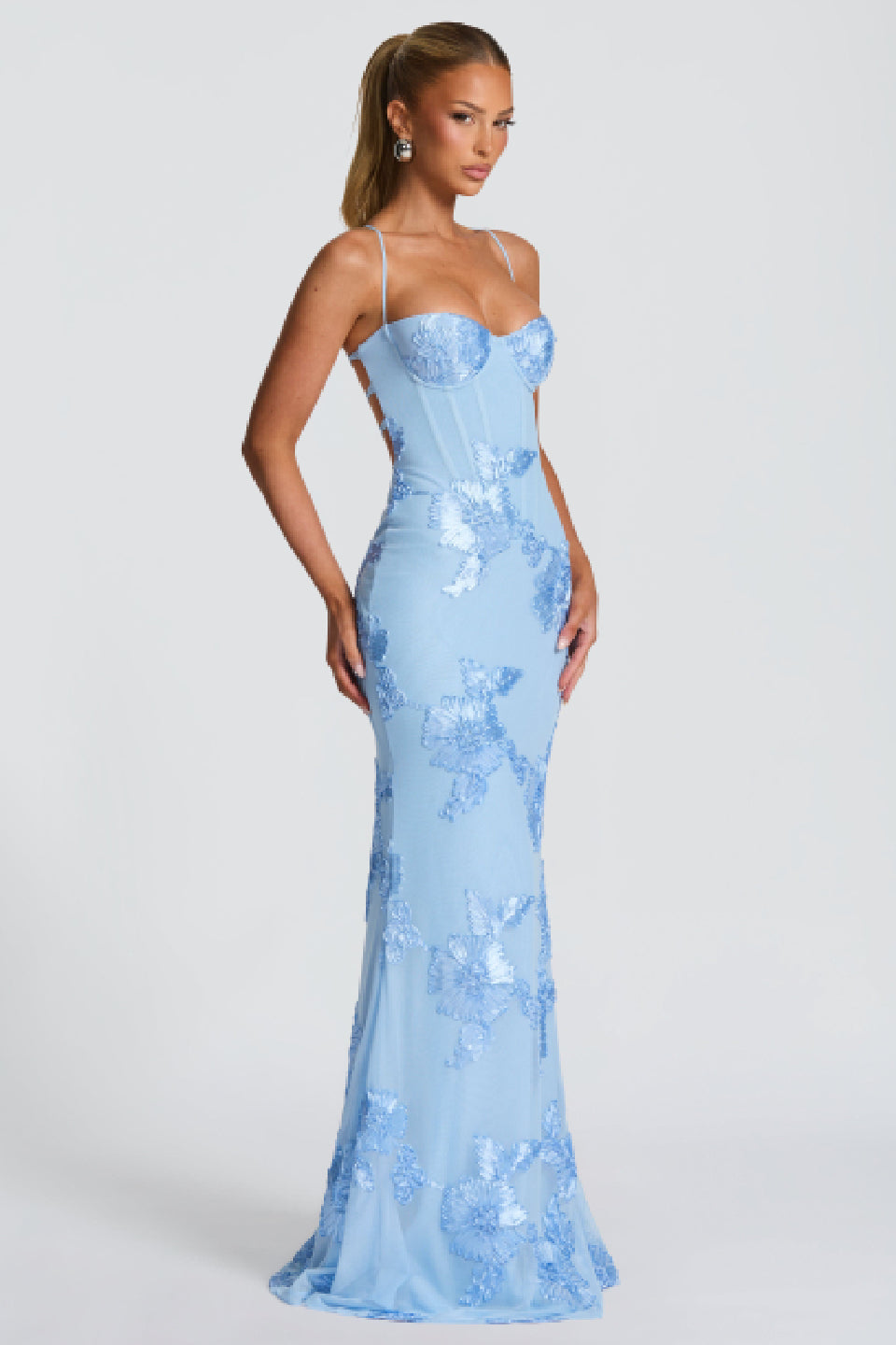 Blue 3D Floral Fishtail Gown