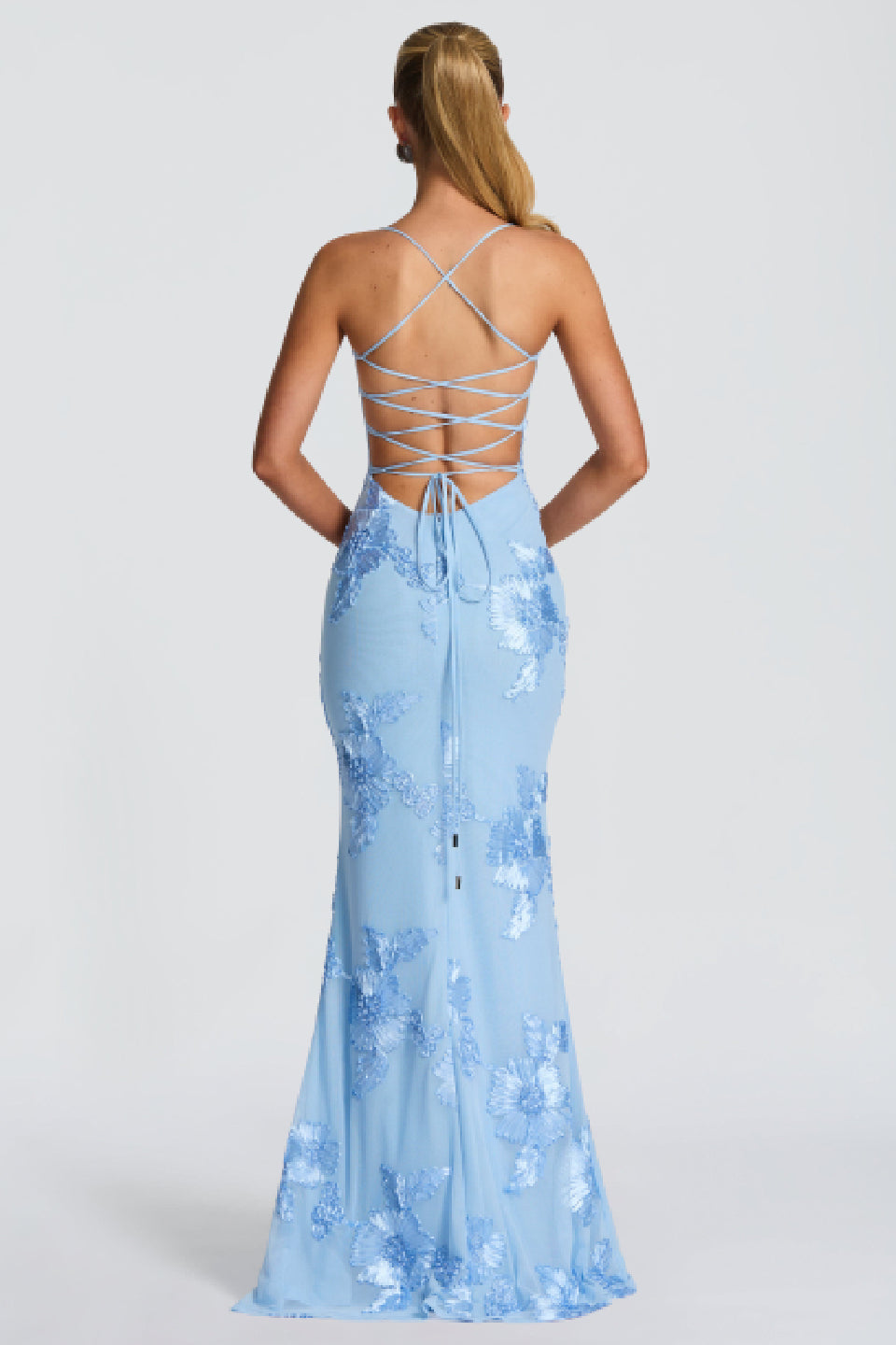 Blue 3D Floral Fishtail Gown