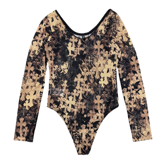 Chrome Hearts Brown All Over Cross Print Mesh Body Suit Hover Image