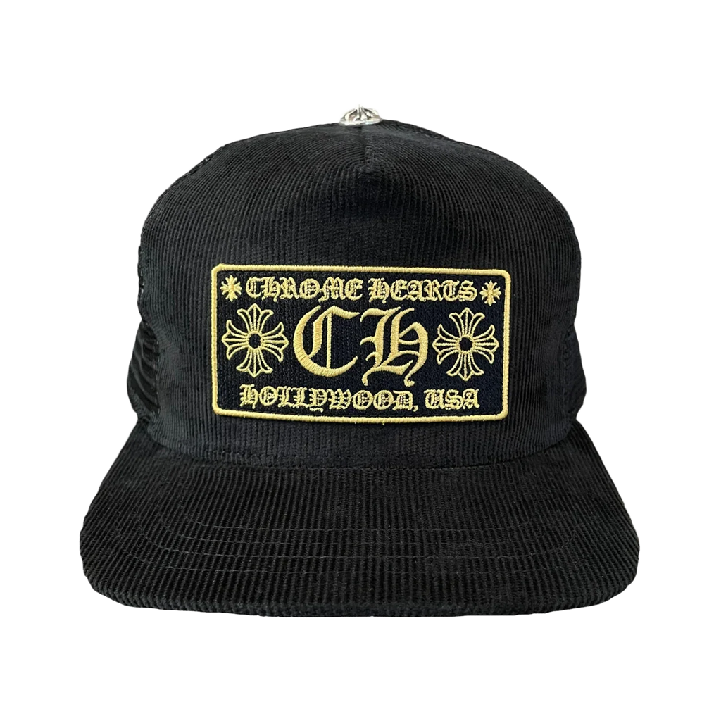 Chrome Hearts CH Hollywood Corduroy Trucker Hat Black/Gold